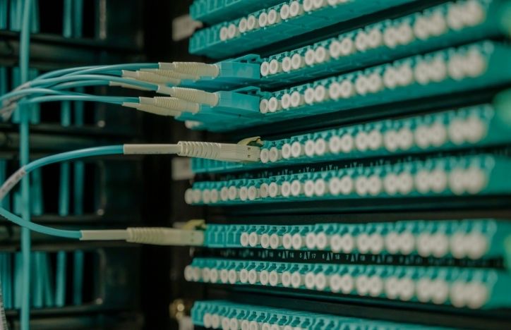 Networking cables plugged into a patch panel, showcasing data centre connectivity.jpg
