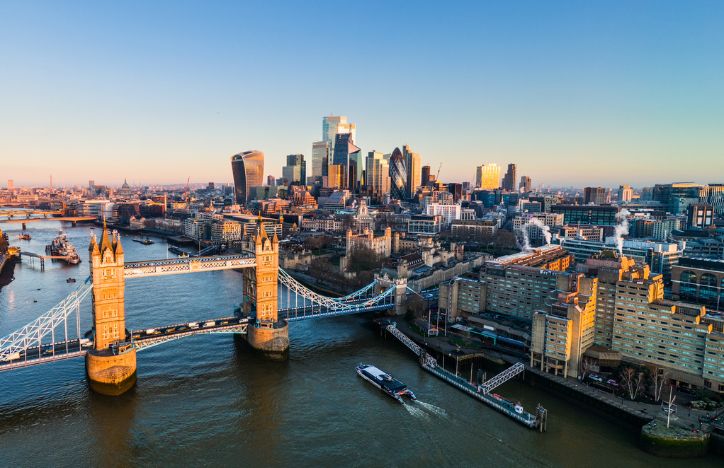 Aerial View Of Tower Bridge And The City Of London At Sunrise
