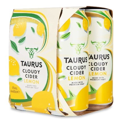 Aldi's Taurus Cloudy Cider packing, featuring lemons and yellow and green accents